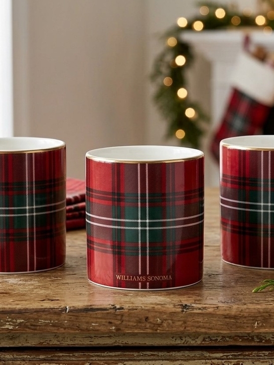 Williams Sonoma Other - Lot Of 3 Williams Sonoma Red, Green and White Plaid Ceramic Mugs with Gold Rim